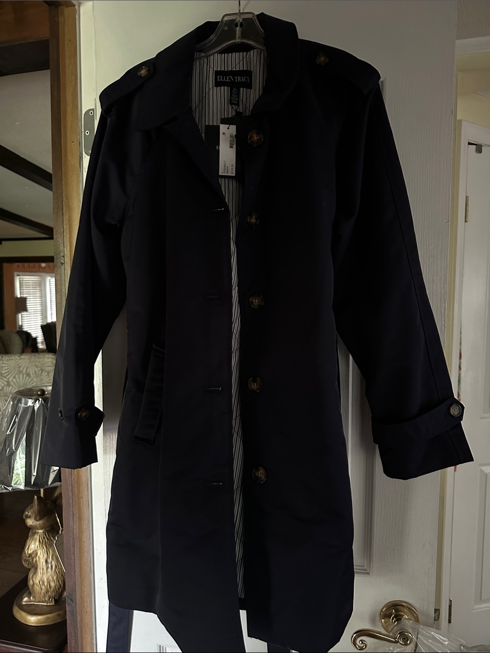 Ellen Tracy Womens Dark Navy Trench Coat size L